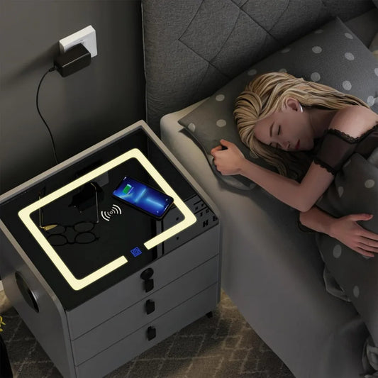 Smart Nightstand with Fingerprint Lock, Wireless Charging, LED Light, Bluetooth Speaker & USB Ports – 3-Drawer Modern Bedside Table