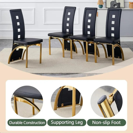 Set of 6 Modern High-Back Dining Chairs – Faux Leather Upholstery, Black with Gold Legs, Ergonomic & Stylish Seating