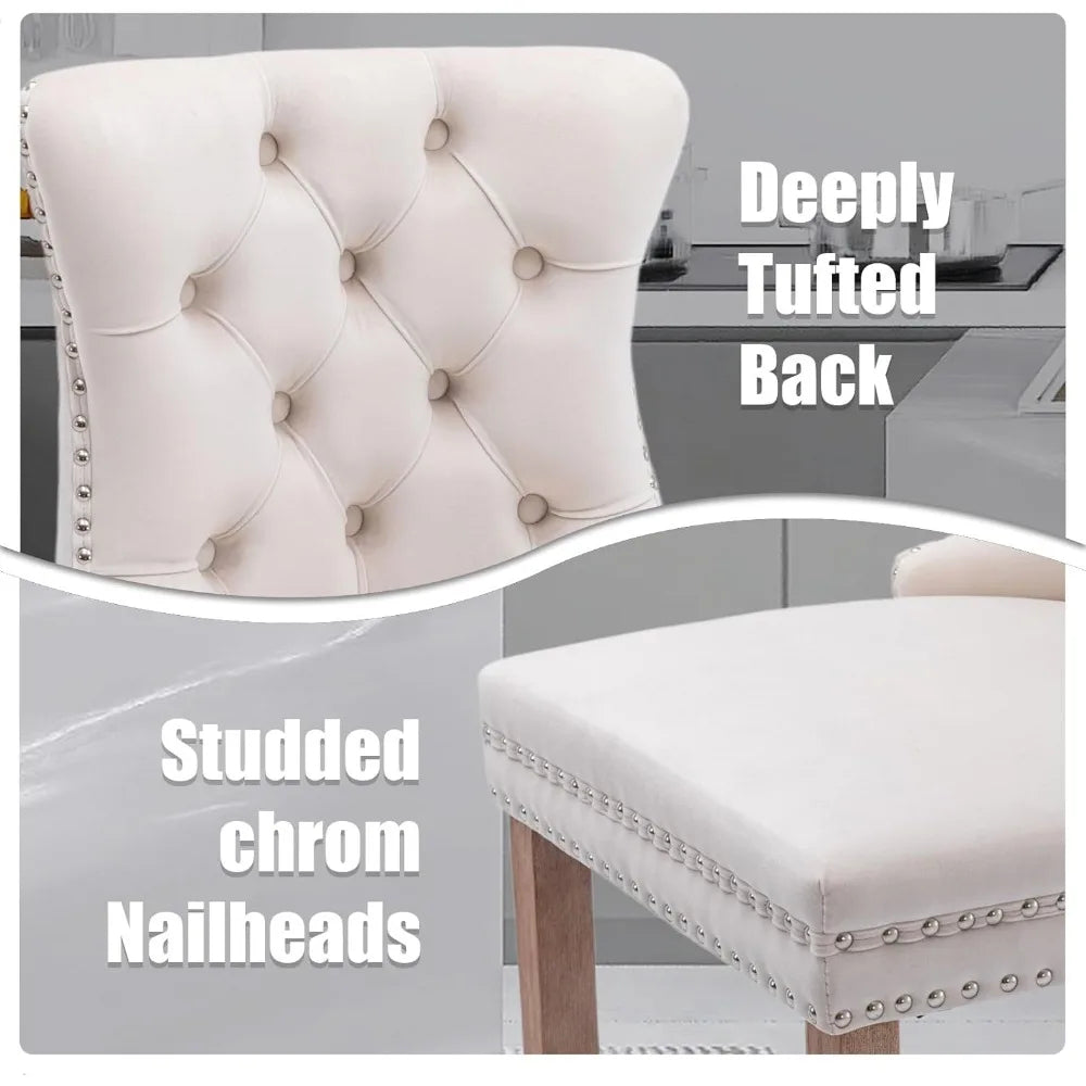 Set of 4 Modern Velvet Bar Stools – Beige Tufted Counter Height Chairs with Wood Legs & Nailhead Trim