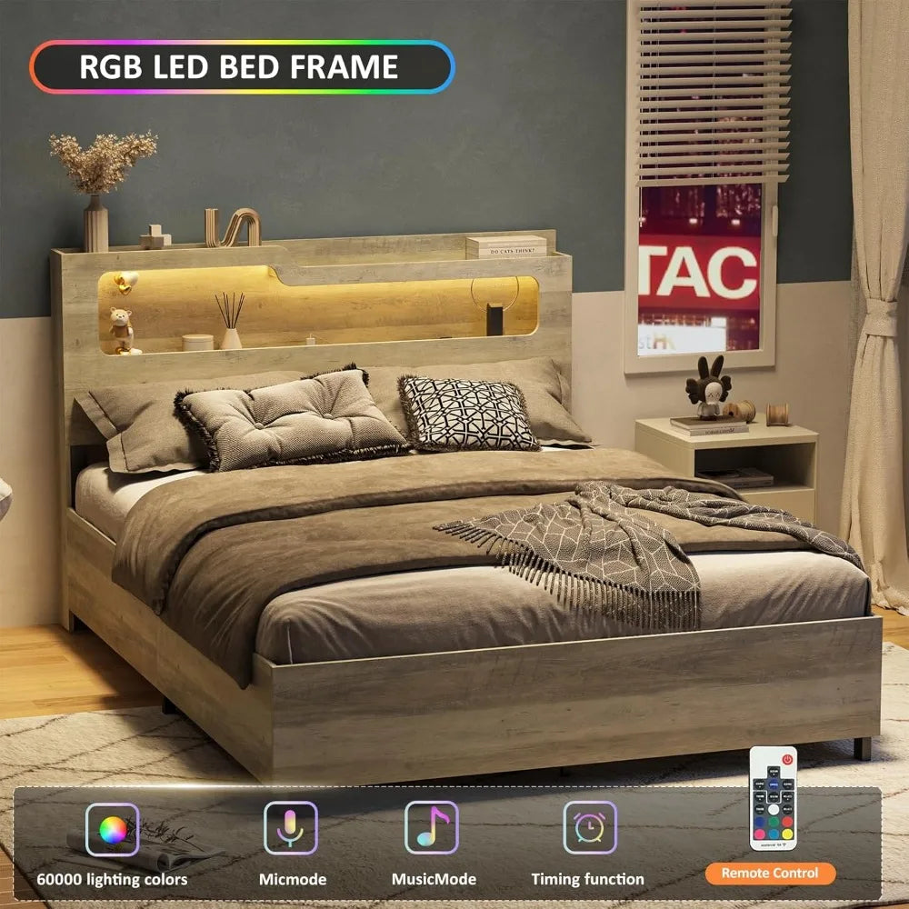 Queen Size Platform Bed with Lift-Up Storage, 2-Tier Headboard & Charging Station – Gray