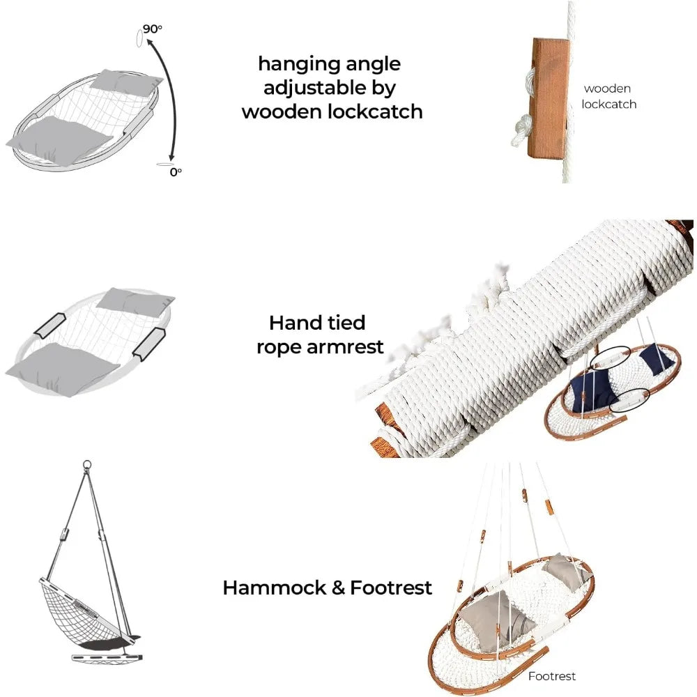 Summit Hanging Hammock Chair with Wooden Frame, Navy Cushions & Footrest – Handwoven Canvas Swing for Patio, Porch, or Indoor Use