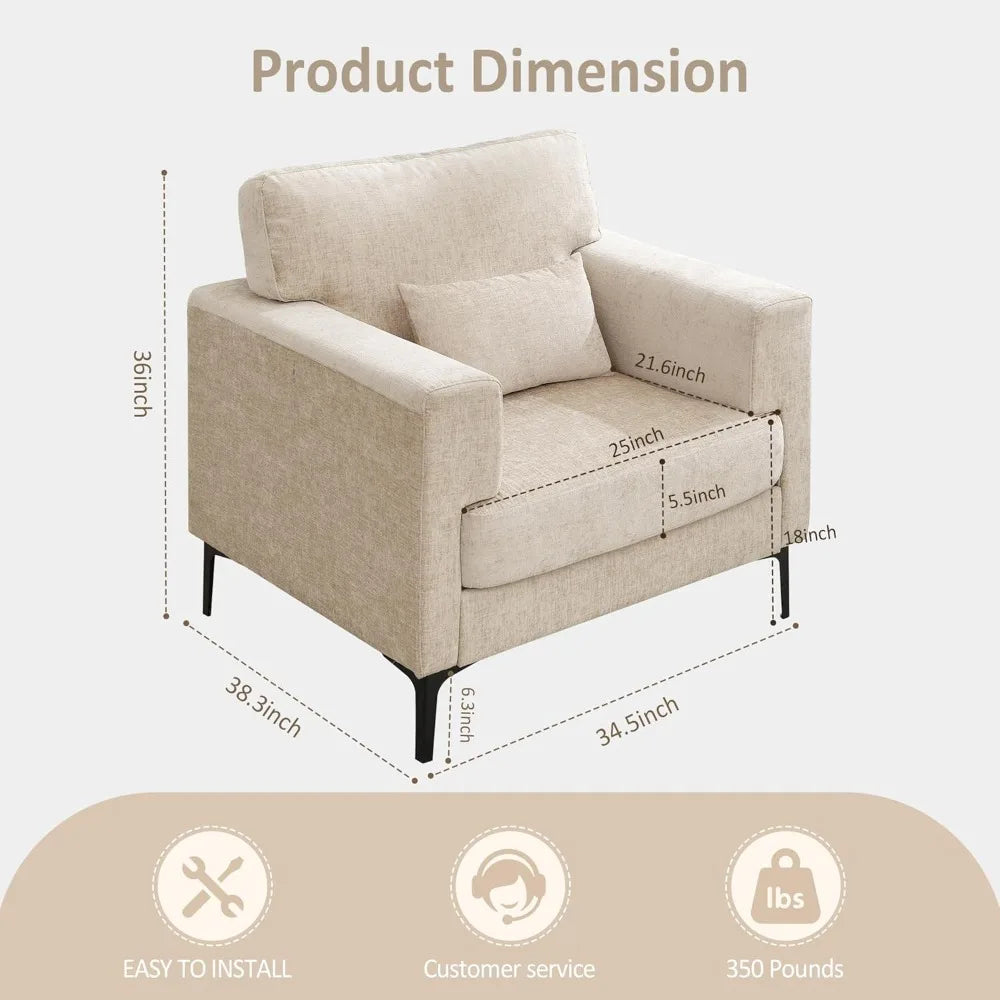 Oversized Chenille Accent Chair with Metal Legs – Extra Large Comfy Armchair for Reading, Living Room & Bedroom (Brown)