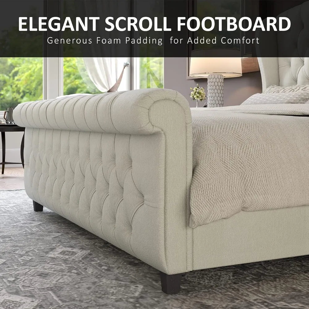 Queen Sleigh Bed Frame – Chenille Upholstered Platform Bed with Scroll Wingback Headboard & Footboard, Button Tufted, Cream