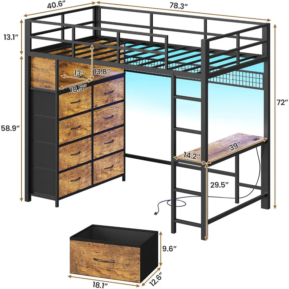 Ultimate Twin Loft Bed with Desk, LED Lights & 8-Drawer Dresser – Smart Storage & Study Combo