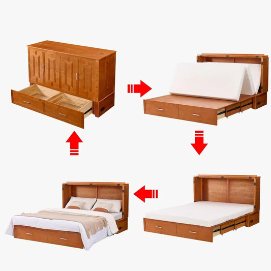 Queen Murphy Bed with Mattress & Storage – Foldable Cabinet Bed with Drawers & Charging Station for Small Spaces (Cherry Finish)
