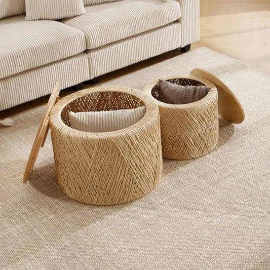 Set of 2 Rustic Round Nesting Coffee Tables – Handwoven Wooden Side Tables for Living Room & Small Spaces