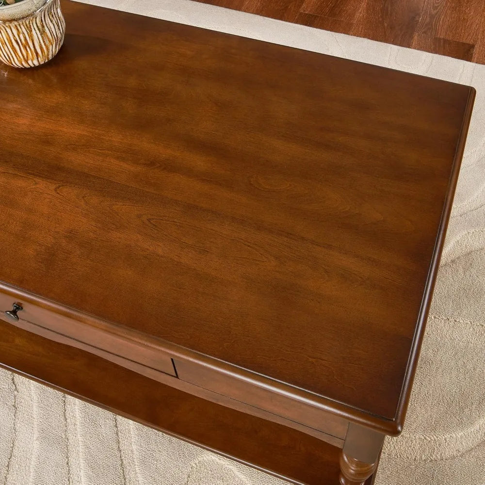 Vintage Rectangular Coffee Table with 2 Storage Drawers – Mid-Century Solid Wood Table with Carved Legs & Shelf