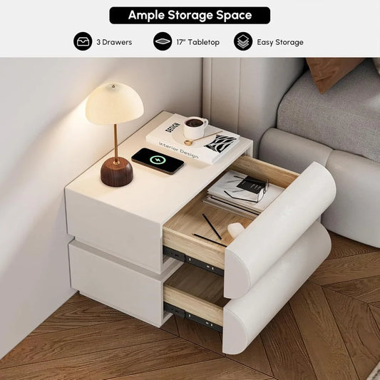 Smart Leather Nightstand with Wireless Charger & USB Ports – 2-Drawer Modern Bedside Table (White)