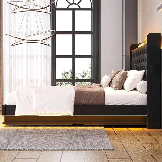 Queen Lift-Up Storage Bed Frame with USB Ports & LED Lights – Black Upholstered Platform Bed with Wingback Headboard & Hydraulic Storage