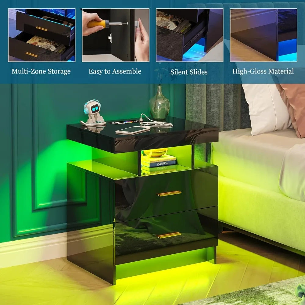 Set of 2 LED Nightstands with USB, Type-C & Wireless Charging – Modern Black Bedside Tables with RGB Auto Lights & Storage Drawers