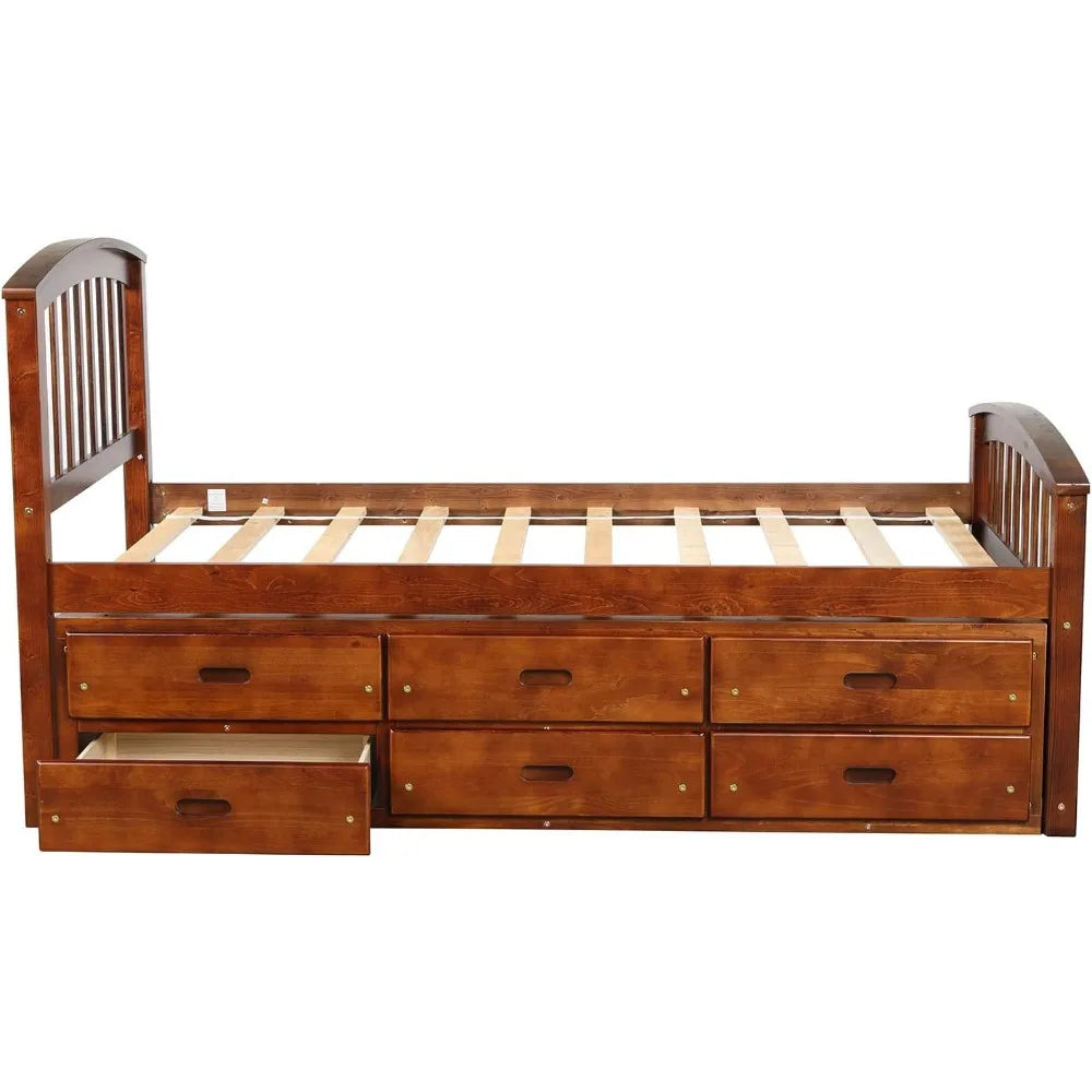 Twin Platform Bed with 6 Storage Drawers – Solid Wood Frame, No Box Spring Needed, Walnut Finish