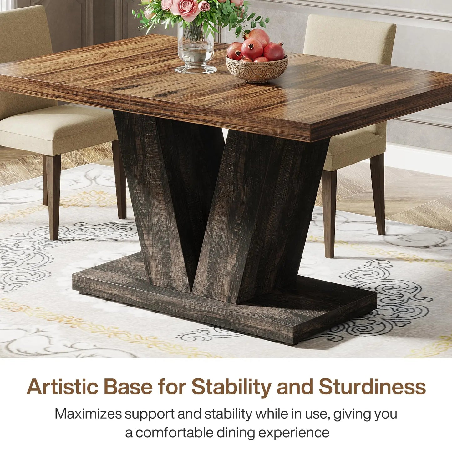 Rustic 47" Wooden Dining Table for 4 – Heavy-Duty Pedestal Base for Kitchen or Dining Room