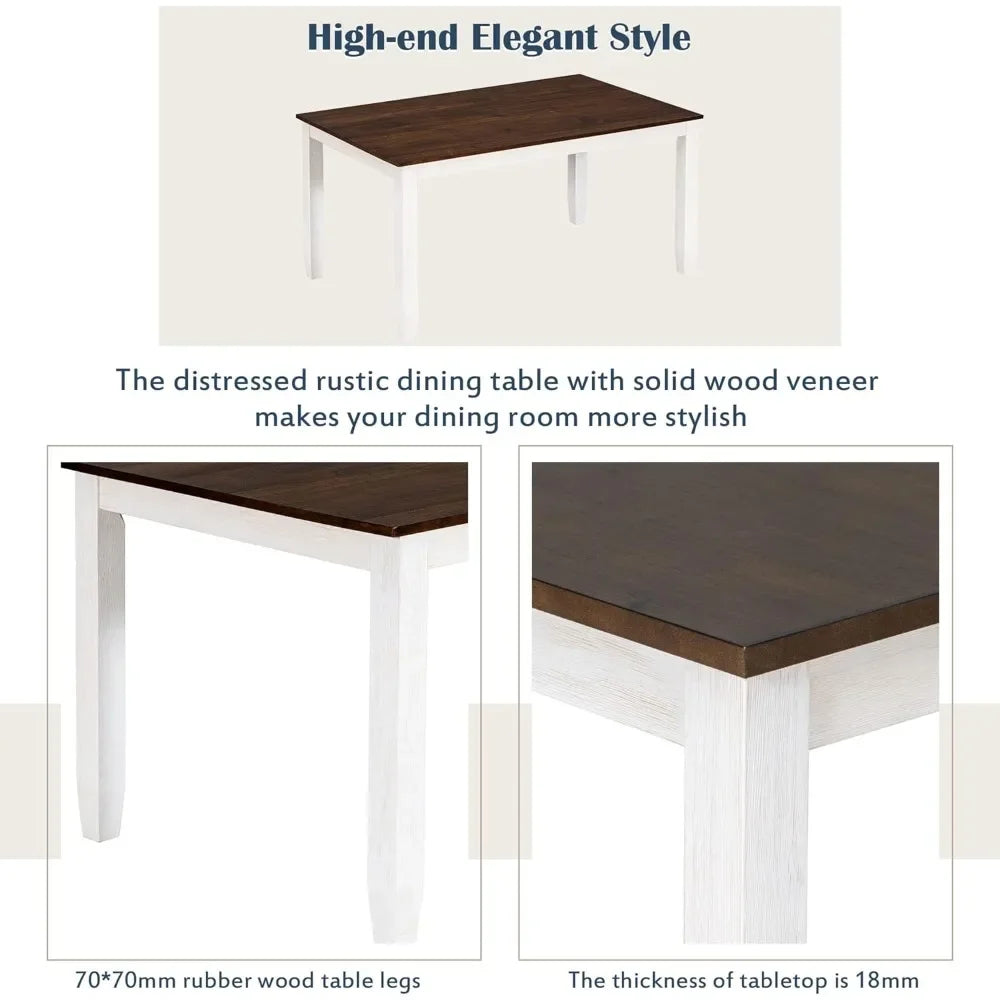 Rustic 6-Piece Dining Table Set with Bench & 4 Padded Chairs – Farmhouse Wood Table in Walnut + Cottage White