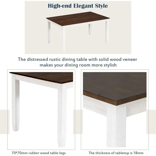 Rustic 6-Piece Dining Table Set with Bench & 4 Padded Chairs – Farmhouse Wood Table in Walnut + Cottage White