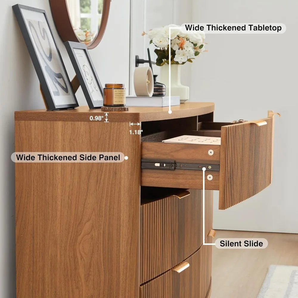 Walnut 6-Drawer Fluted Dresser – Mid-Century Modern Storage Chest for Bedroom, Closet, or TV Stand