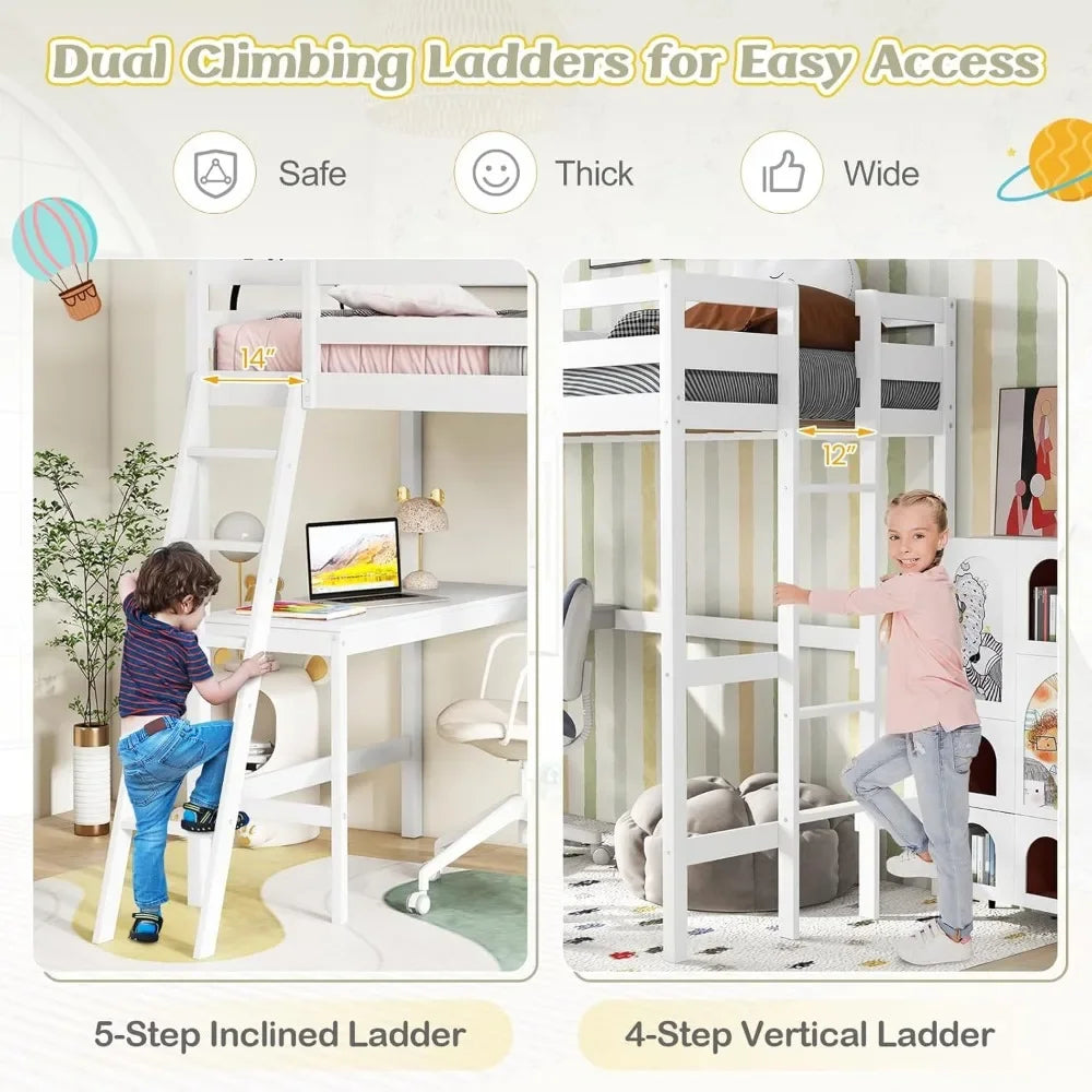 Twin Loft Bed with Desk – Solid Wood Frame, Safety Guardrails, Dual Ladders, Space-Saving Design for Teens & Adults, White