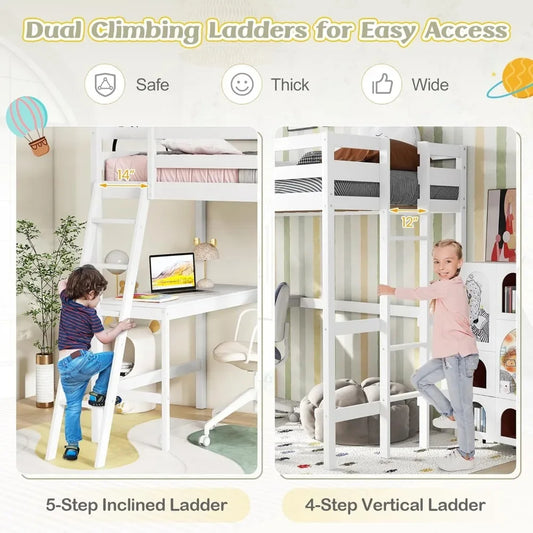 Twin Loft Bed with Desk – Solid Wood Frame, Safety Guardrails, Dual Ladders, Space-Saving Design for Teens & Adults, White