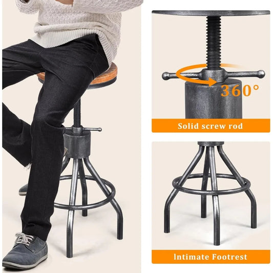 Vintage Industrial Bar Table & 2 Adjustable Swivel Stools – Wood Top & Metal Frame, Height Adjustable for Kitchen, Bar, or Cafe