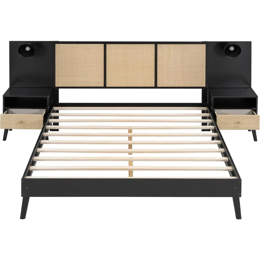 Queen Size Platform Bed Frame with 2 Nightstands & Built-In Lamps – Elegant Rattan & Wood Headboard Design (Black)
