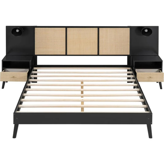 Queen Size Platform Bed Frame with 2 Nightstands & Built-In Lamps – Elegant Rattan & Wood Headboard Design (Black)