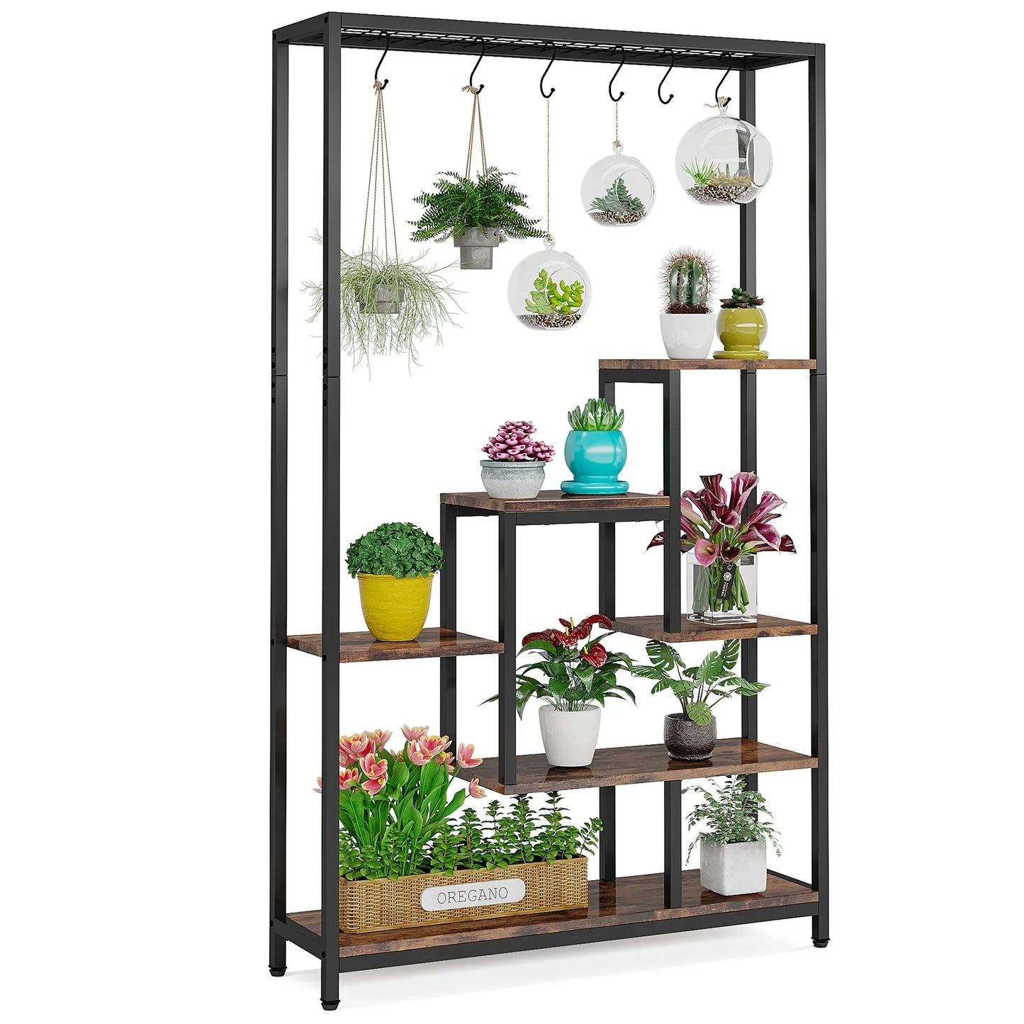 Tall Half-Moon Indoor Plant Stand – 71" Curved Shelf with Hooks for Hanging & Display