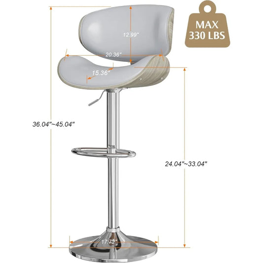 Set of 2 Adjustable Swivel Bar Stools – PU Leather Mid-Century Modern Chairs with Backrest & Footrest, Bentwood Frame (Counter Height)