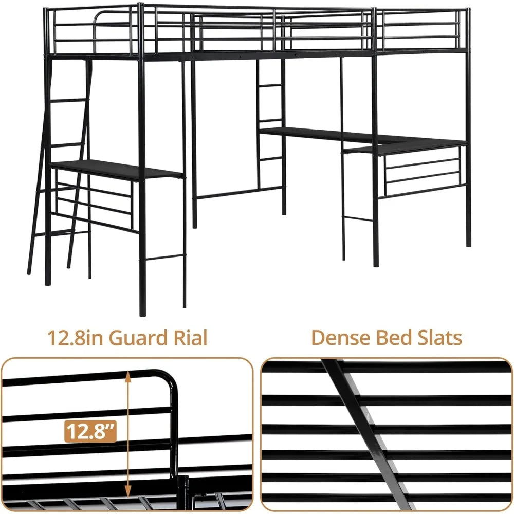 Twin L-Shaped Loft Bed with 2 Desks – Heavy-Duty Metal Corner Bunk Bed with Ladders & Safety Guardrails