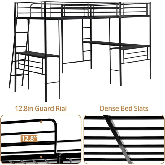 Twin L-Shaped Loft Bed with 2 Desks – Heavy-Duty Metal Corner Bunk Bed with Ladders & Safety Guardrails