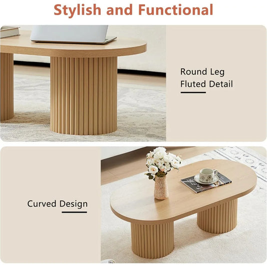 Oval Fluted Wood Coffee Table – Mid-Century Modern Farmhouse Center Table for Living Room, Natural Finish