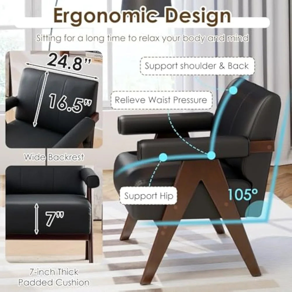 Set of 2 Black Faux Leather Accent Chairs – Mid-Century Modern Armchairs for Living Room, Office & Waiting Room