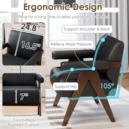 Set of 2 Black Faux Leather Accent Chairs – Mid-Century Modern Armchairs for Living Room, Office & Waiting Room