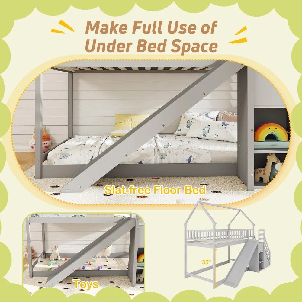 Twin Over Twin House Bunk Bed with Slide & Stairs – Wood Frame with Storage Shelves, No Box Spring Needed, Fun Floor Bed Design for Kids