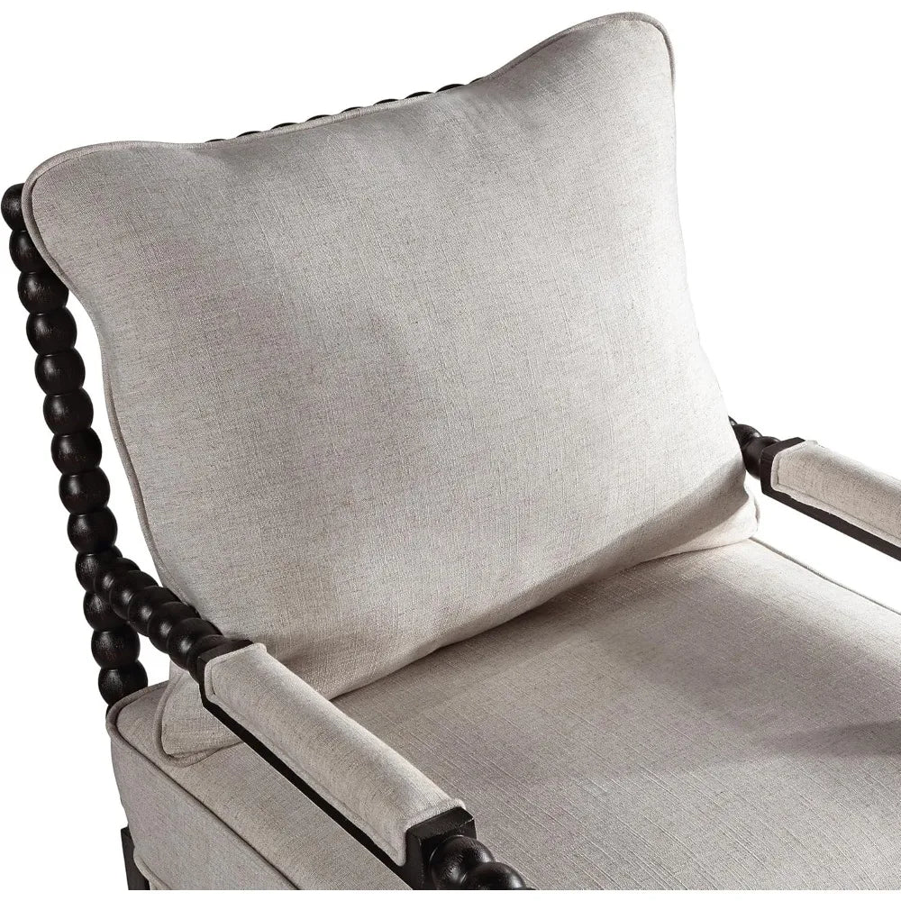 Spindle Back Linen Accent Chair – Mid-Century Wood Frame Armchair with Cushions & Armrest Pads