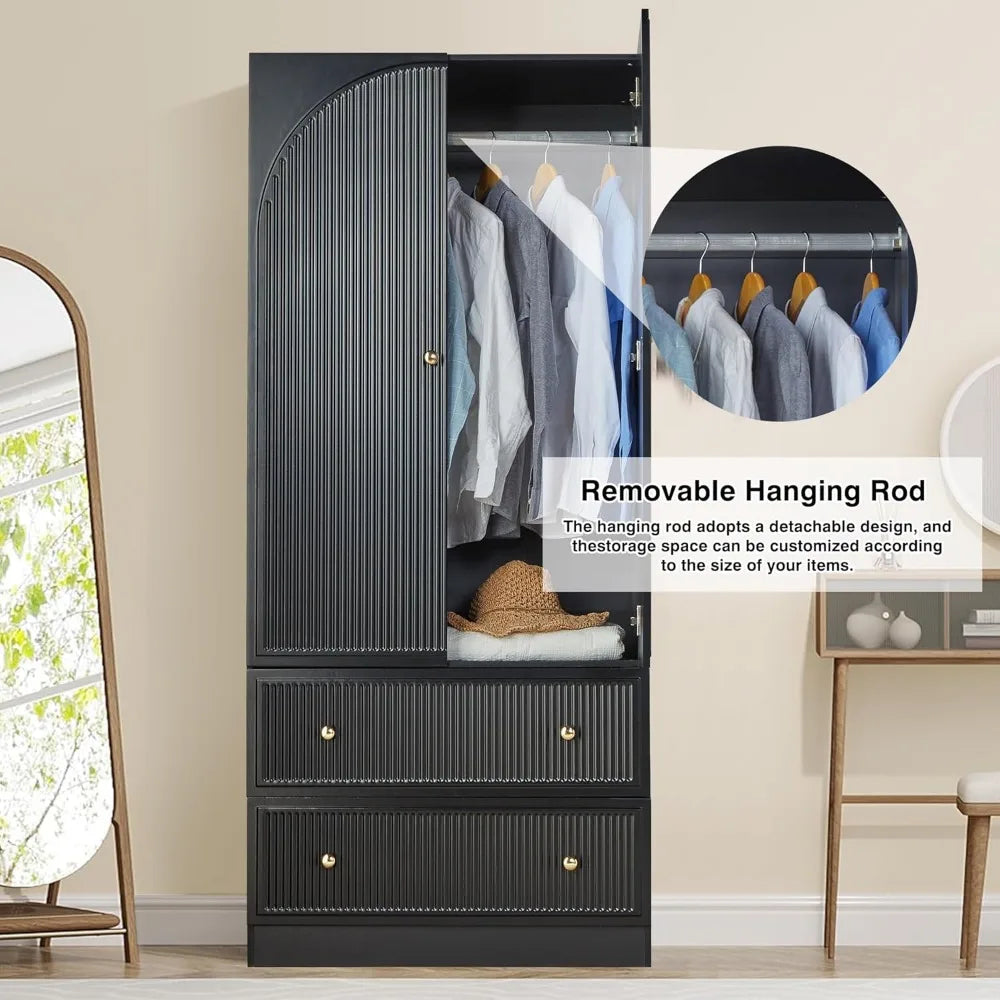 Set of 2 Black Freestanding Wardrobe Closets – 2-Door Armoire with Drawers, Modern Storage Cabinet for Clothes & Shoes
