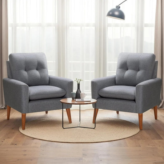 Set of 2 Mid-Century Modern Accent Chairs – Tufted Fabric Armchairs with Wood Legs for Living Room, Bedroom, or Reading Nook