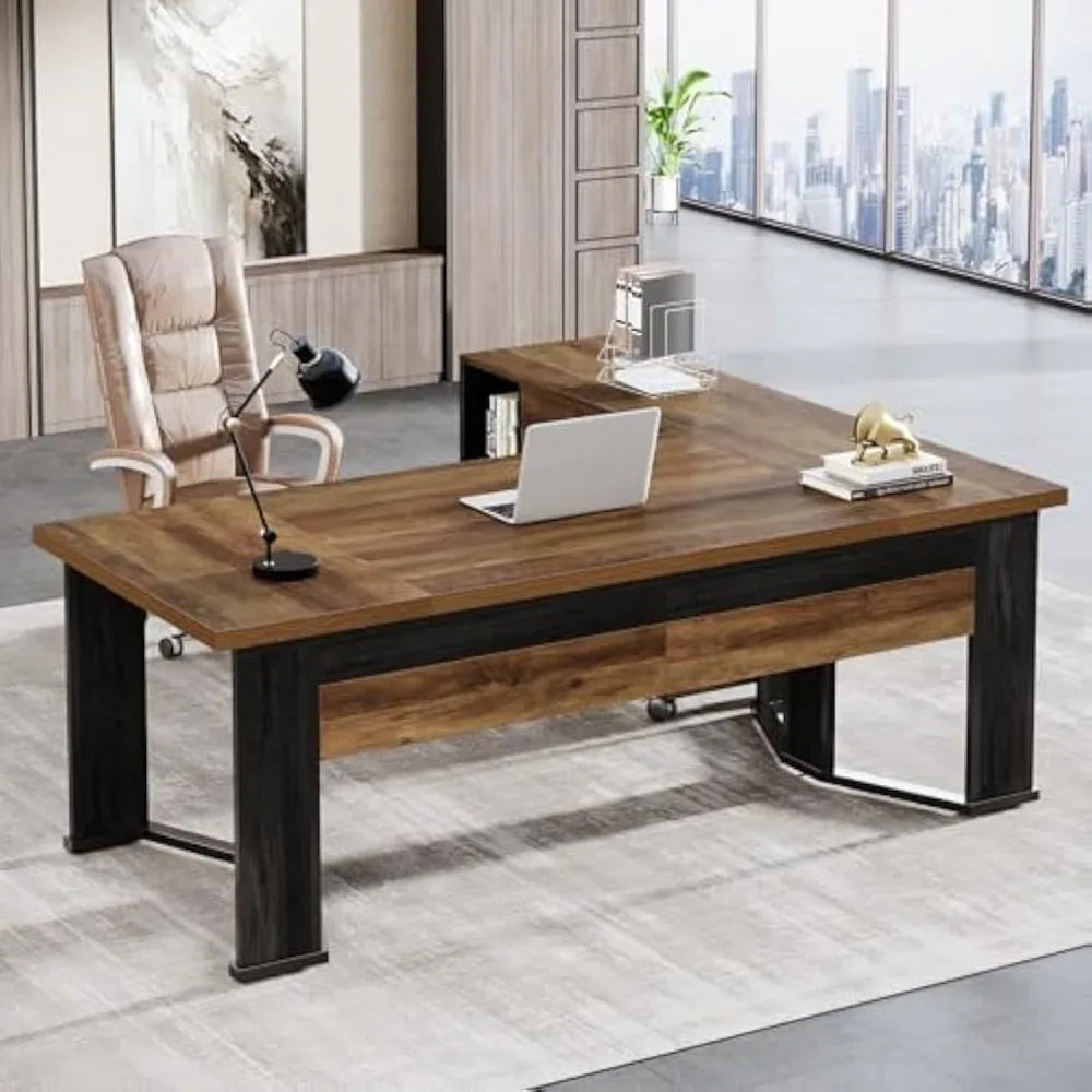 70.86" L-Shaped Executive Desk with Mobile File Cabinet – Large Computer Workstation with Drawers & Storage Shelves for Office