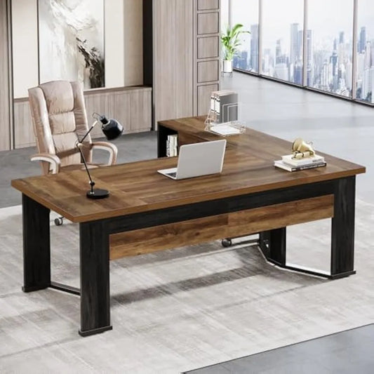 70.86" L-Shaped Executive Desk with Mobile File Cabinet – Large Computer Workstation with Drawers & Storage Shelves for Office