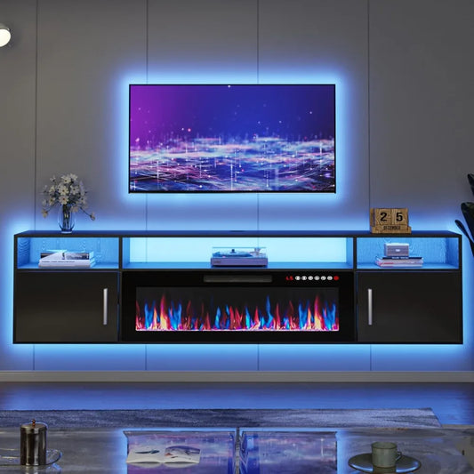 70" Wall-Mounted Floating TV Stand with 36" Electric Fireplace – Modern Entertainment Center with LED Lights & Storage Cabinets