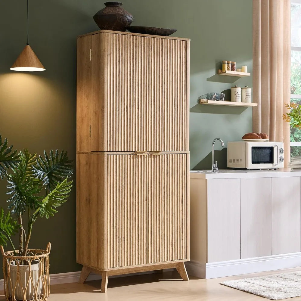 72" Tall Fluted Pantry Cabinet with Adjustable Shelves & Door Racks – Modern Kitchen Storage Organizer with Curved Design, Dual-Zone Doors, Natural Oak