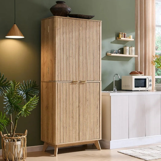 72" Tall Fluted Pantry Cabinet with Adjustable Shelves & Door Racks – Modern Kitchen Storage Organizer with Curved Design, Dual-Zone Doors, Natural Oak