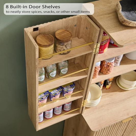 72" Tall Fluted Pantry Cabinet with Adjustable Shelves & Door Racks – Modern Kitchen Storage Organizer with Curved Design, Dual-Zone Doors, Natural Oak