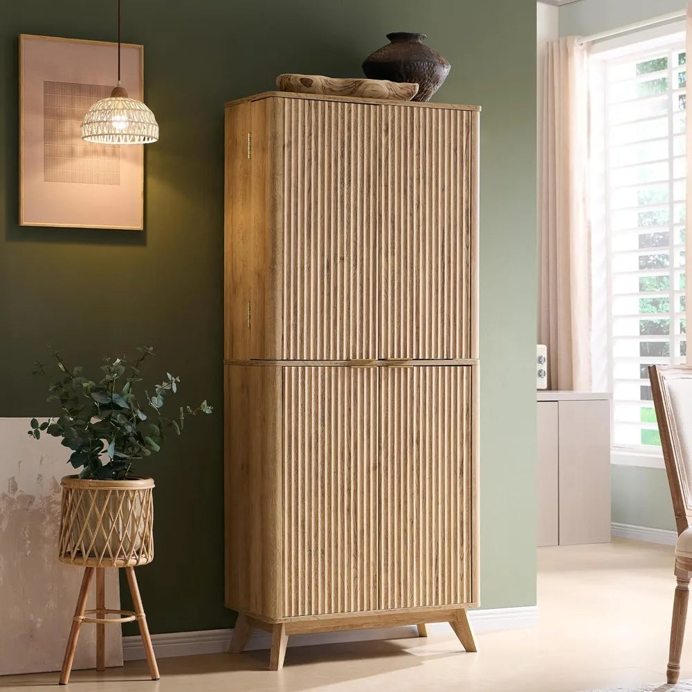 72" Tall Fluted Pantry Cabinet with Adjustable Shelves & Door Racks – Modern Kitchen Storage Organizer with Curved Design, Dual-Zone Doors, Natural Oak