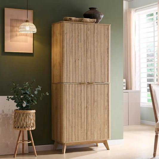 72" Tall Fluted Pantry Cabinet with Adjustable Shelves & Door Racks – Modern Kitchen Storage Organizer with Curved Design, Dual-Zone Doors, Natural Oak