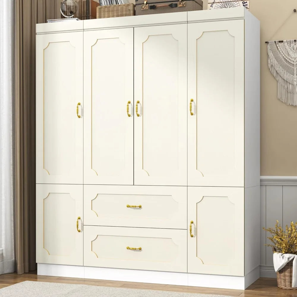75" Freestanding 4-Door LED Wardrobe Armoire with Mirrors & Drawers – White Closet with RGB Lights, Adjustable Shelves & Hanging Space