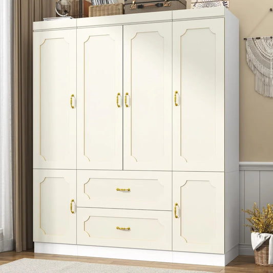 75" Freestanding 4-Door LED Wardrobe Armoire with Mirrors & Drawers – White Closet with RGB Lights, Adjustable Shelves & Hanging Space