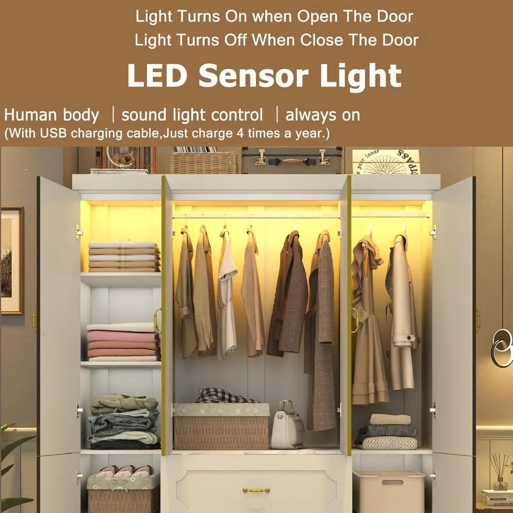 75" Freestanding 4-Door LED Wardrobe Armoire with Mirrors & Drawers – White Closet with RGB Lights, Adjustable Shelves & Hanging Space