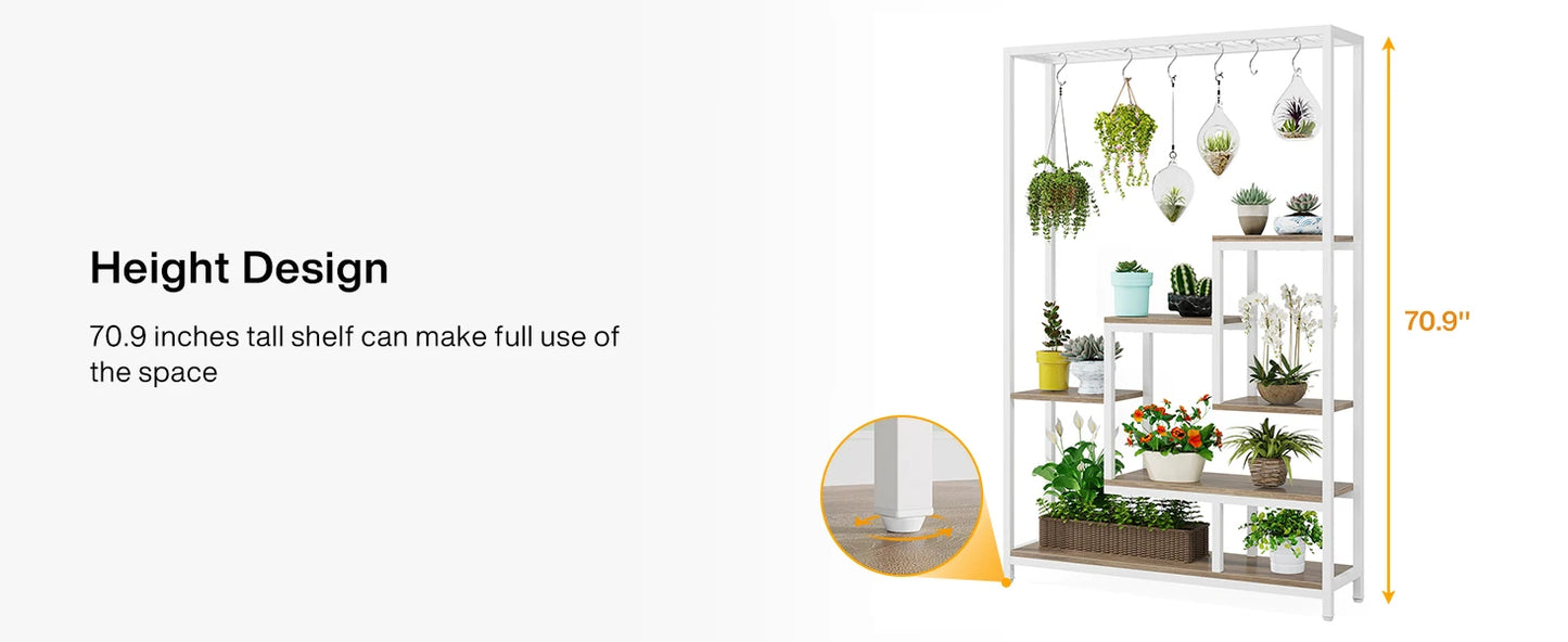 Tall 5-Tier Indoor Plant Stand with Hooks – Metal Flower Display Rack with 7 Shelves for Balcony & Living Room
