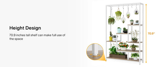 Tall 5-Tier Indoor Plant Stand with Hooks – Metal Flower Display Rack with 7 Shelves for Balcony & Living Room