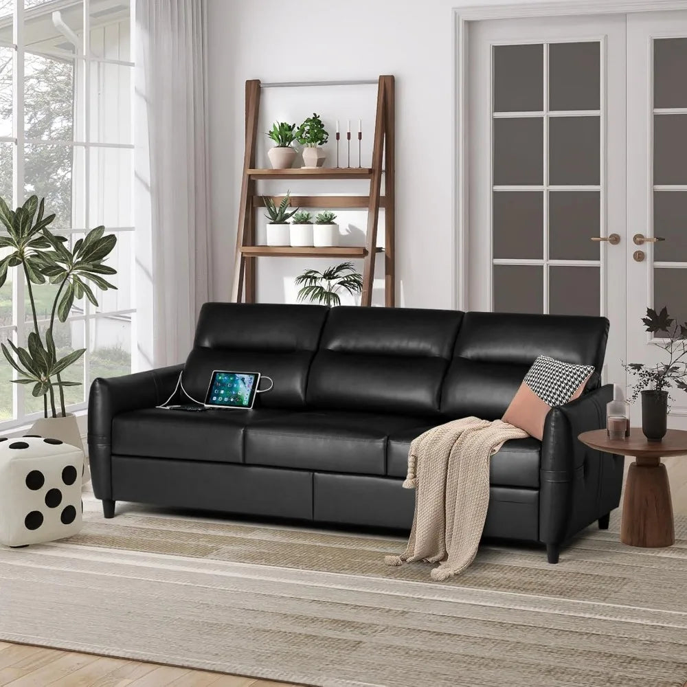 85” Faux Leather Sofa with USB Ports – Mid-Century Modern 3-Seater Couch, Scratch-Resistant Black Leather Sofa for Living Room or Office