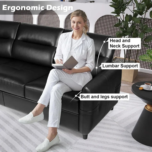 85” Faux Leather Sofa with USB Ports – Mid-Century Modern 3-Seater Couch, Scratch-Resistant Black Leather Sofa for Living Room or Office